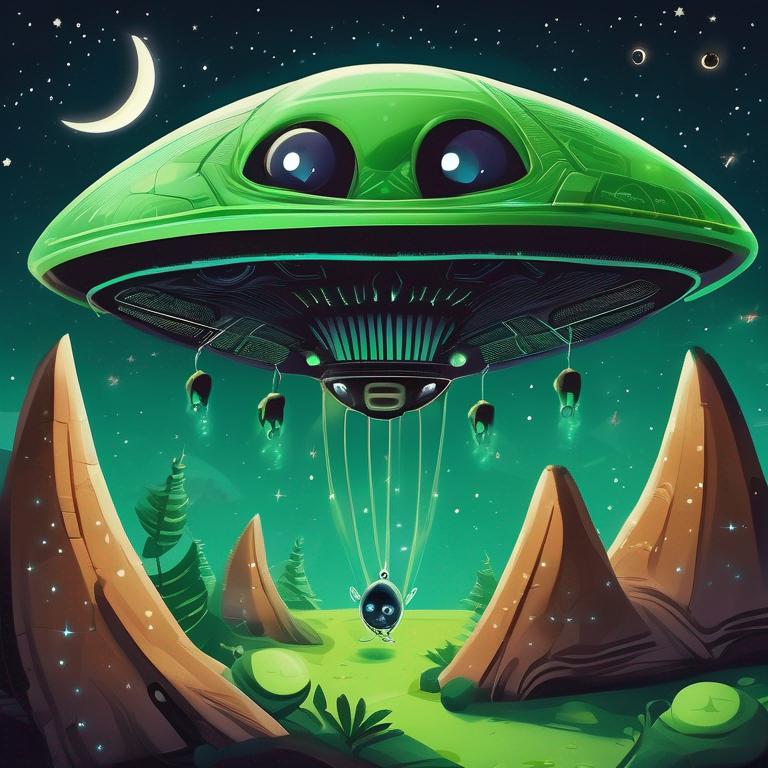 یک موجود فضایی سبز رنگ با چشمان بزرگ مشکی، در حال پرواز با یک سفینه فضایی عجیب و غریب در یک آسمان شب پرستاره11