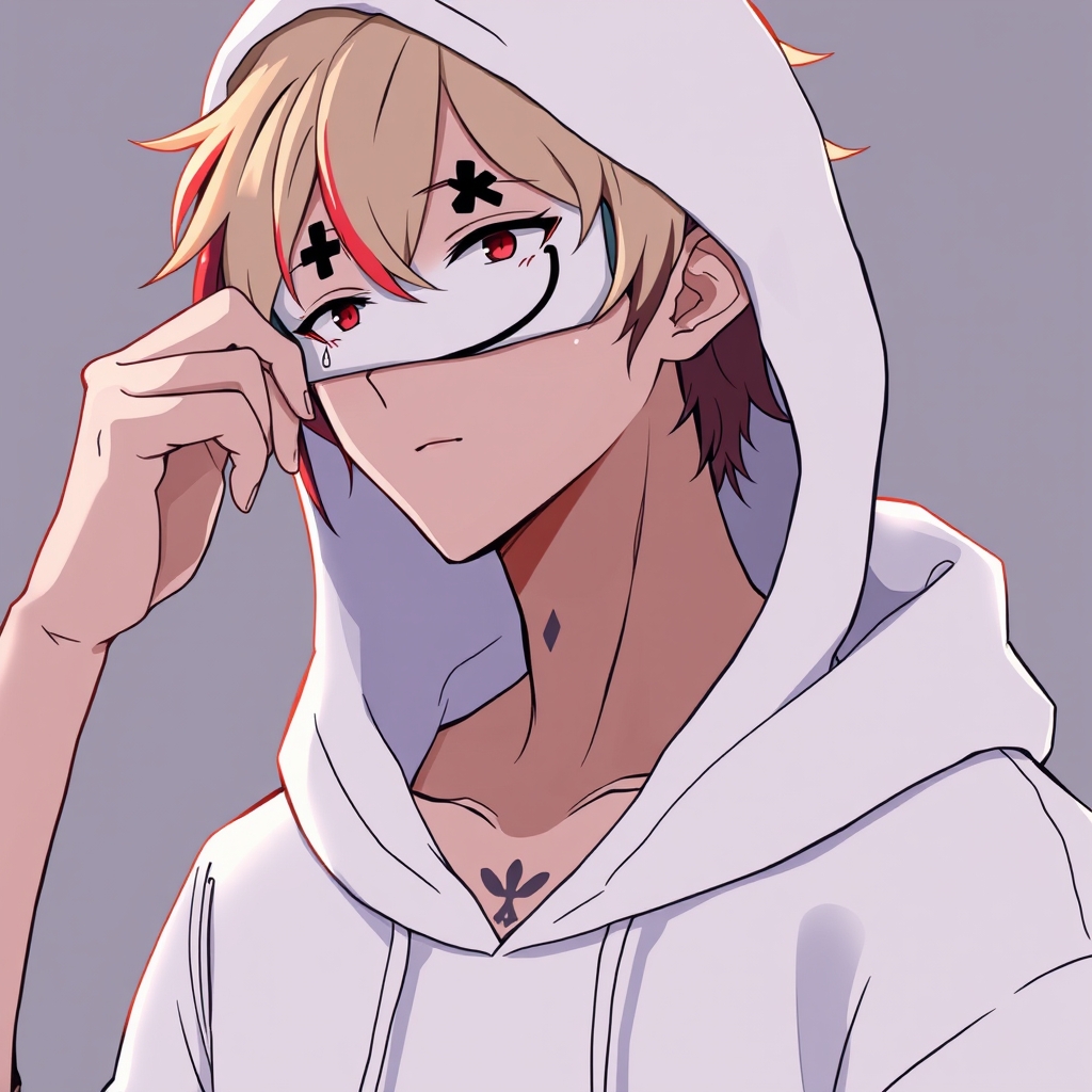 یه مرد قد بلند که ۱۸ سالشه و یه هودی سفید پوشیده و رو گردنش خالکوبی سایه رو داره و موهاش خامه ای هست و رنگش قرمز و مشکی هست و داره از چشماش یکم اشک میاد ولی یه ماسک خندان رو صورتش که چشمای اون ماسک ×+ هست و داره اون ماسک رو در میاره و نیم رخ صورتش پیداست و کلاه هودی رو سرشه⚫🔴⚪ 4