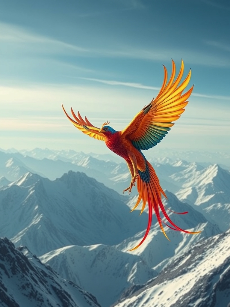 یک پرنده سیمرغ افسانهای ایرانی با رنگهای زنده، در حال پرواز بر فراز کوههای برفی.11