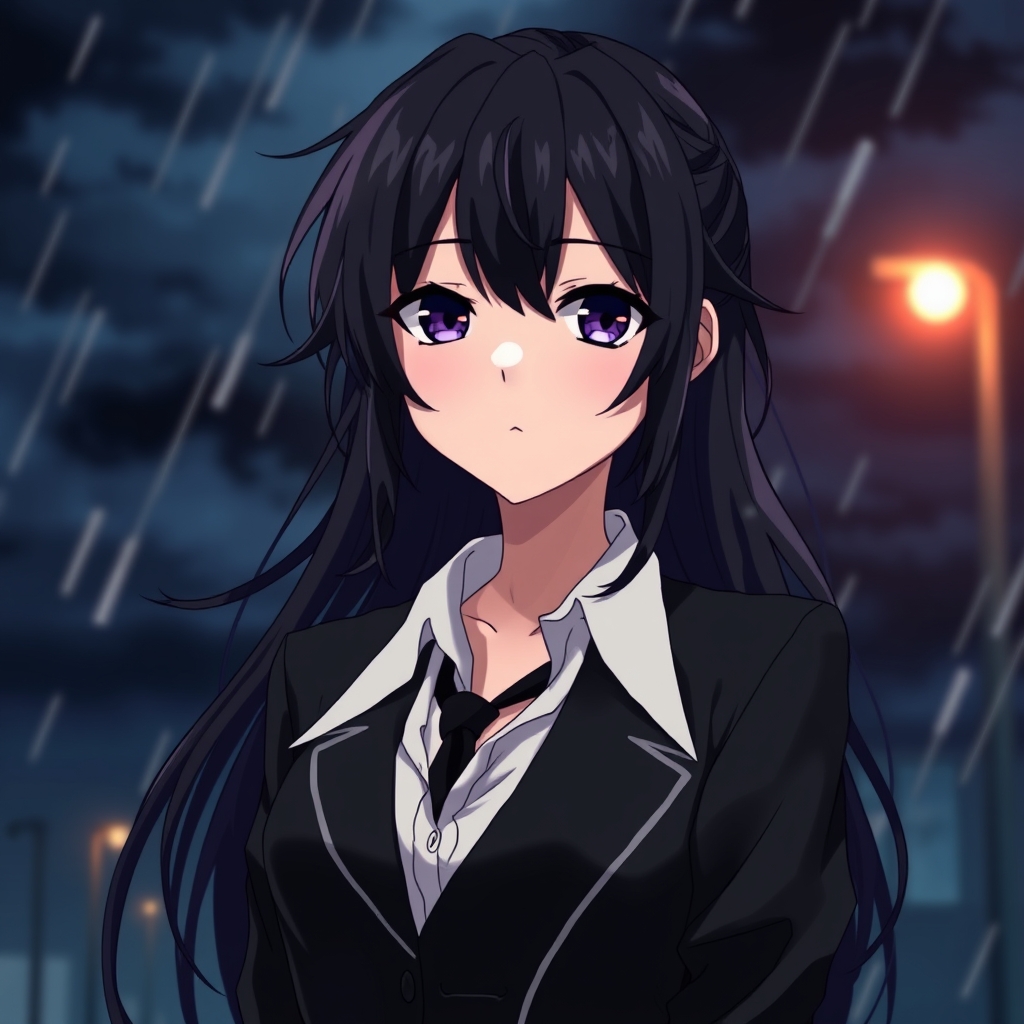 دختری خفن باموهای بلند وشلخته مشکی وبیخیال لباس سفید وکت وشلوار سیاه در شب تاریک وطوفانی2