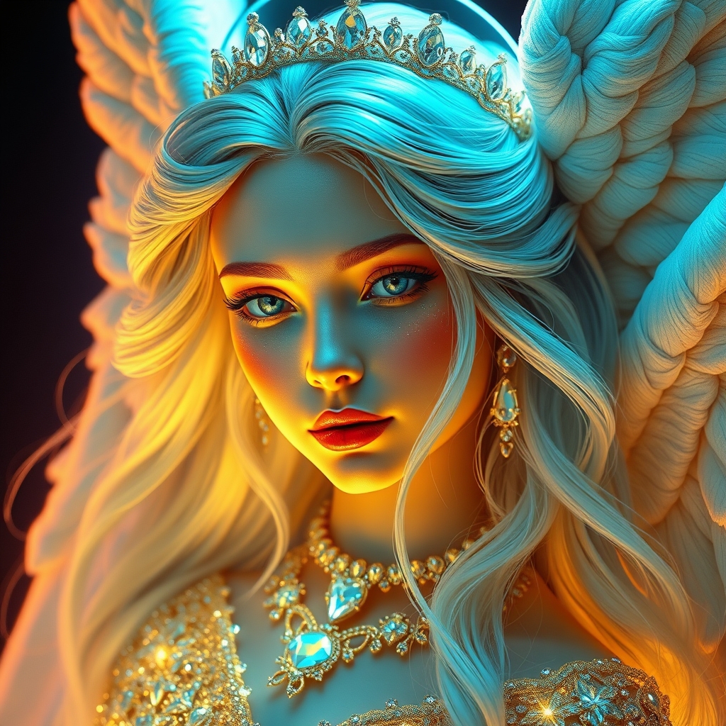 فرشته ای پاک و زیبا با لباس های نورانی که پر از الماس هس و تاجی نازک. بسیار زیبا از جنس الماس بر سر نهاده و چهره اش به قدری زیبا هست که نمیتوان چشم از ان برداشت و رنگ چشمانش از رنگ رود زلال و رنگ لباس ها هم در ان طلا هم به کار برود رنگ موهایش به رنگ نقره مایل به ابی 14