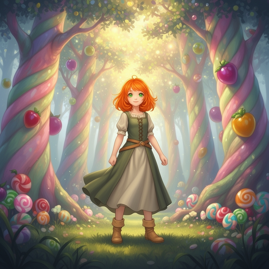 یک دختر با موهای نارنجی و چشم های سبز که در یک جنگل فانتزی با درخت های آبنباتی0