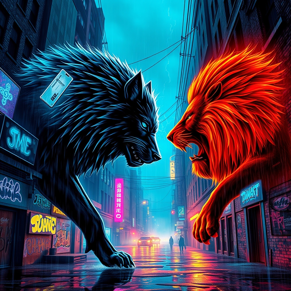 یک گرگ یخی به رنگ سیاه کی روبه روی یک شیر اتشین  بهرنگ قرمز ایستاده و می خواهند باهم مبارزه کنند 5