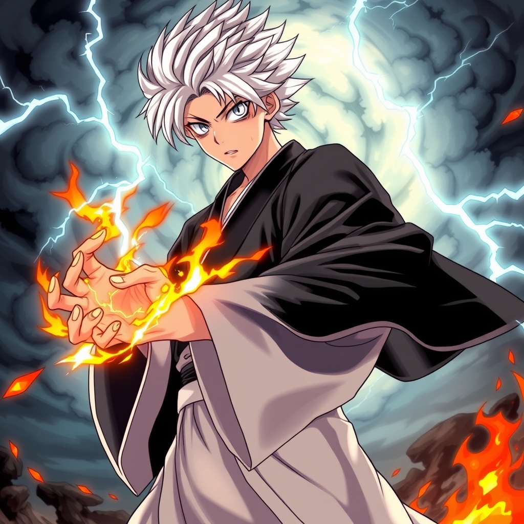 یک پسر جوان با قدرت رعد و برق و آتش با چشمان سفید و موهای سفید با لباس کیمونو سیاه و سفید20