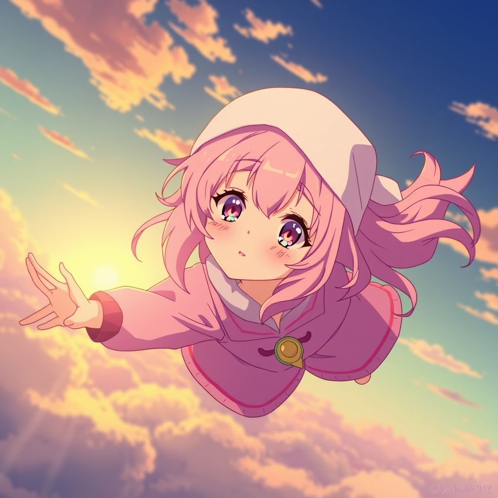 دختری با موهای صورتی کمرنگ و پررنگ با چشمای خوشگل و لباس صورتی و توی آسمان پرواز میکنه و خورشید غروب میکنه0