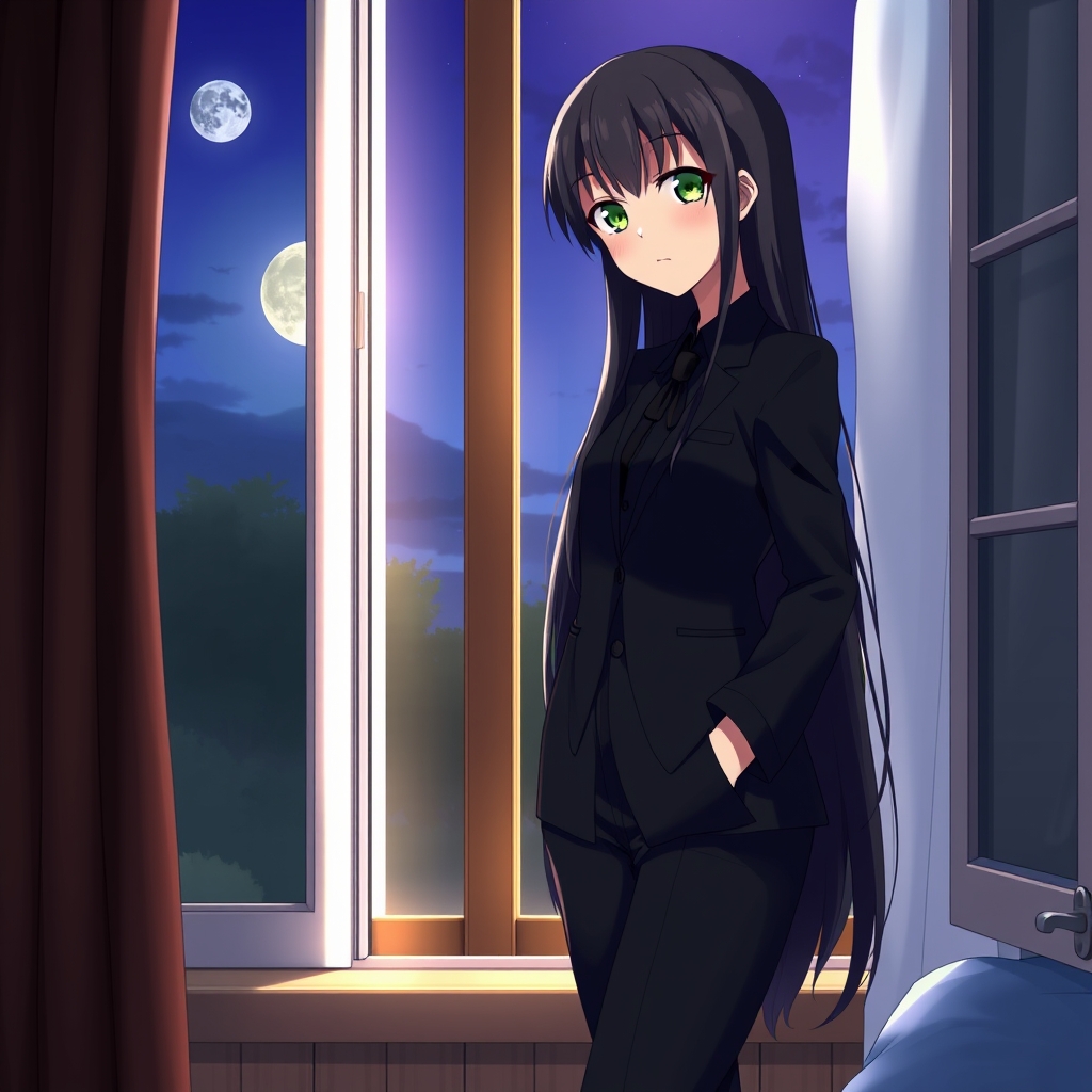 یک دختر ۱۸ ساله خیلی خوشگل با موهایی مشکی و بلند و چشمانی سبز و یک کت شلوار مشکی و لباس مشکی و کروات مشکی پوشیده است و کنار پنجره اتاقش وایستاده و ماه تابان شده18