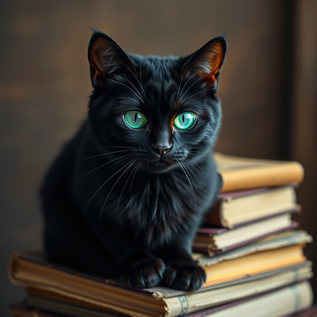 یک گربه سیاه مرموز با چشمان سبز درخشان، نشسته روی انبوهی از کتاب‌های قدیمی.5