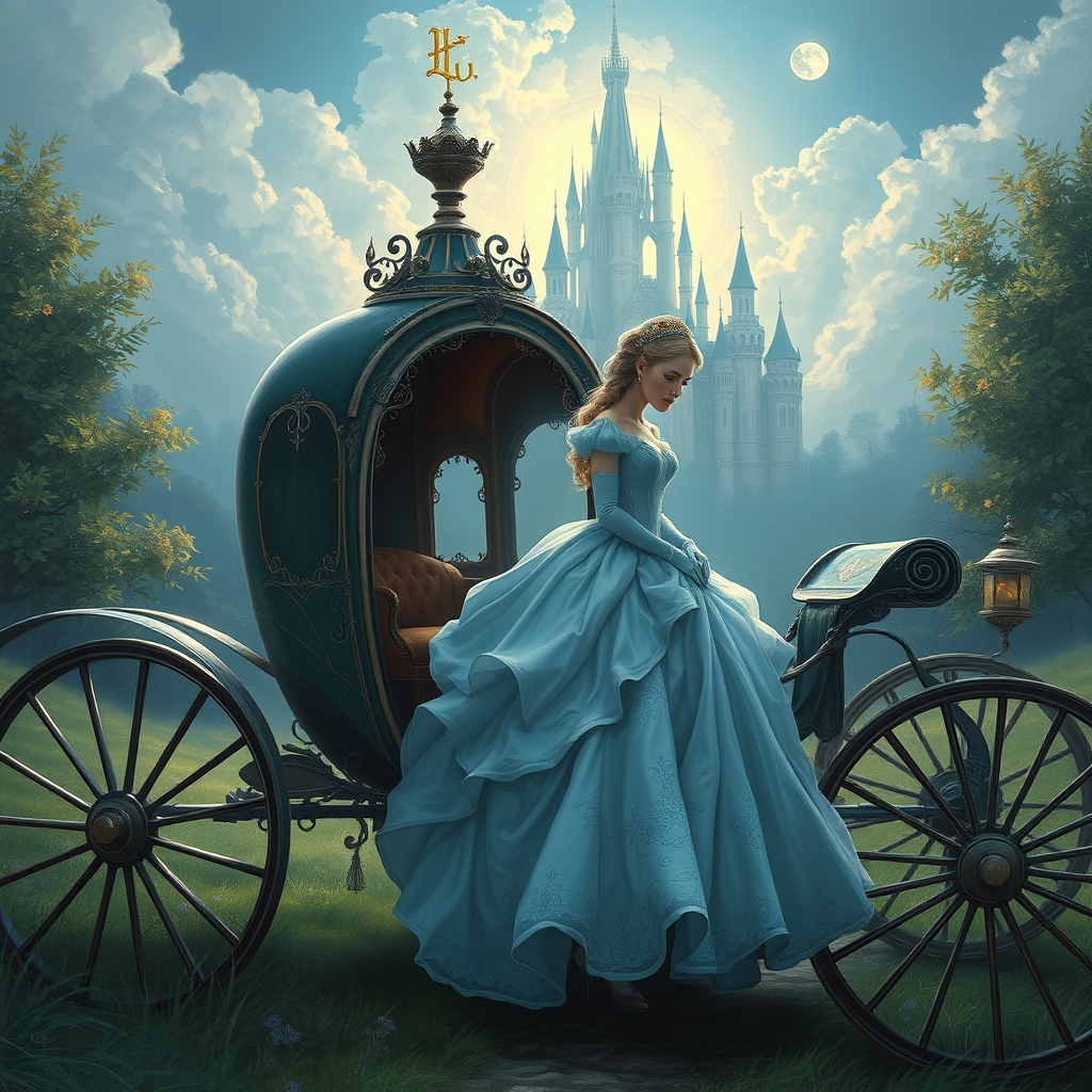 سیندرلا درحال پیاده شدن از کالسکه و مقابلش قصر است2