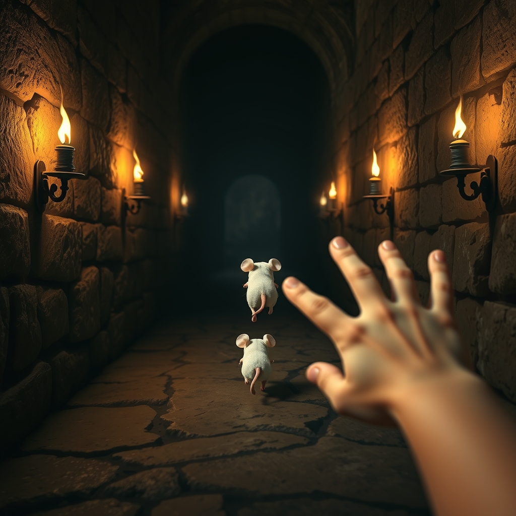 یک بچه موش کوچک سفید در حال فرار که ما از پشت سر آنرا میبینیم
در یک راهرویی تاریک که با مشعل روشن است مشعل ها کمی بالا هستند در دیوار یک قلعه روم باستان یک دست سفید کودک از زاویه دوربین سعی دارد موش را بگیرد3