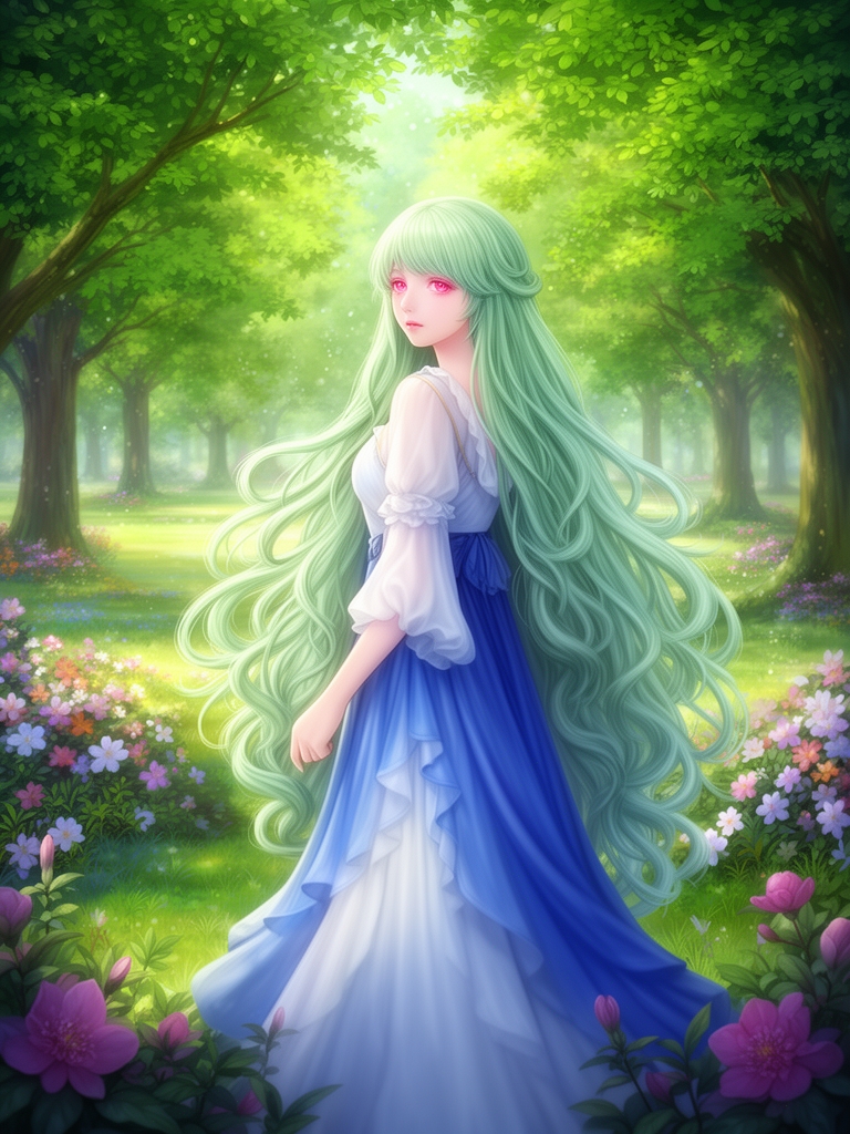عکس یه دختر با موهای سبز کمرنگ خیلی بلند حالت دار که لباس های آبی و سفید پوشیده و چشماش صورتی هستن و توی پارک ایستاده4