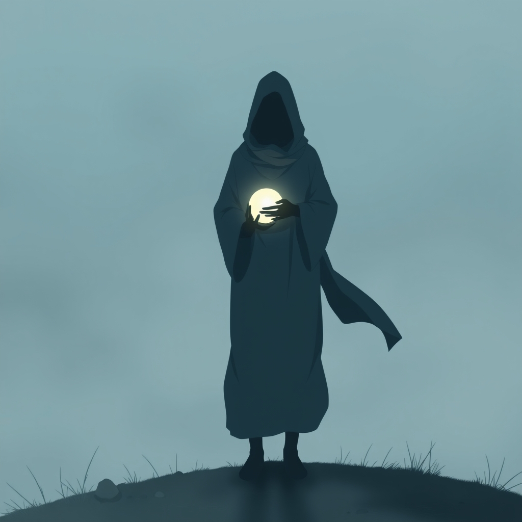 یک شبح مرموز از فردی که یک کره درخشان در دست دارد، ایستاده روی تپه‌ای مه‌آلود.14