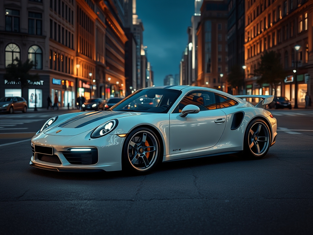 یک ماشین پورشه پانوراما که نوک مدادی است و وسط شهر است که شب است5