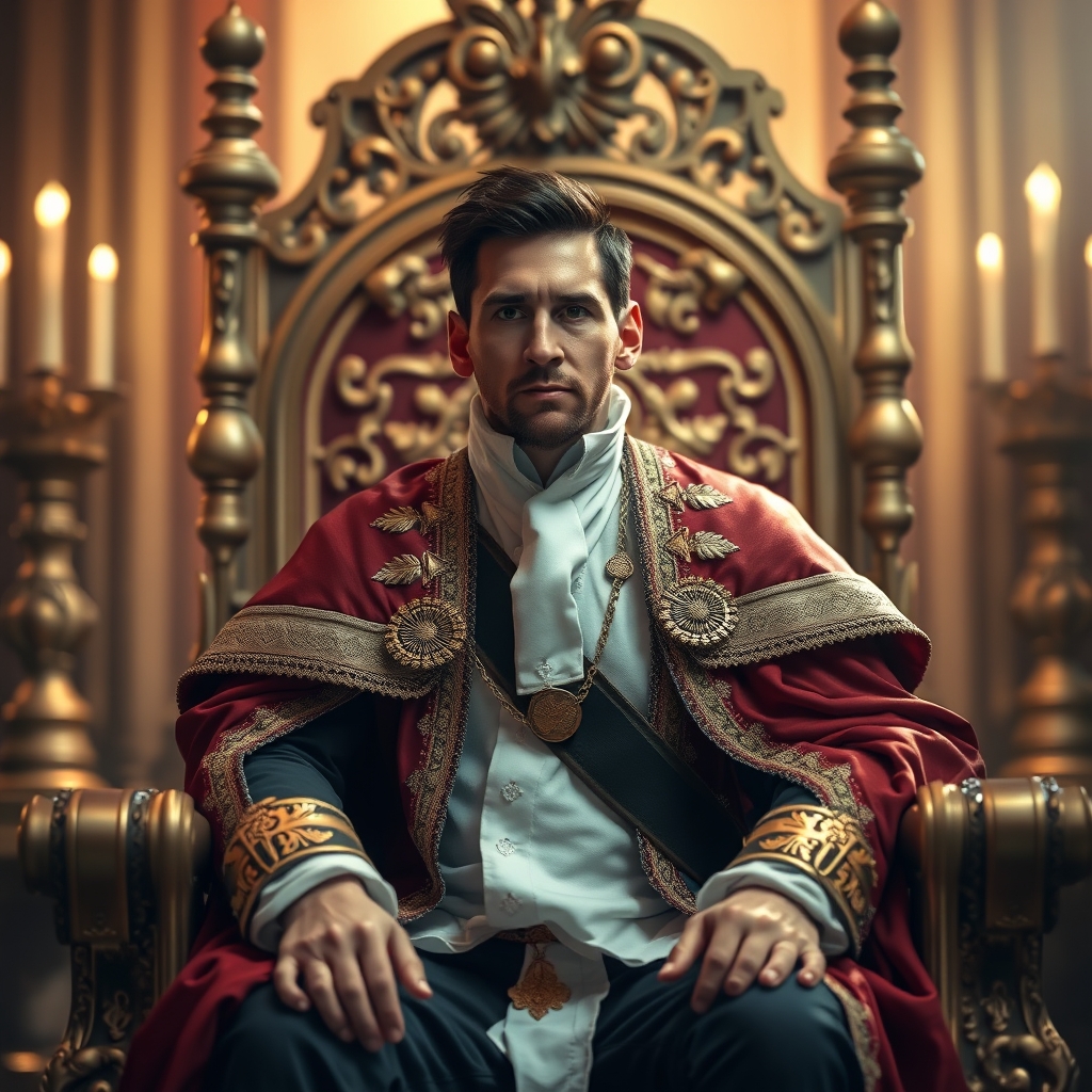 عکس مسی که با لباس پادشاه روی تخت پادشاهی نشسته14