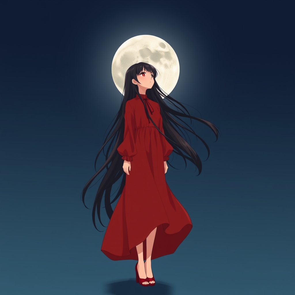 دختر 18 ساله با موهای بلند مشکی و لباس سرخ و کفش پاشنه بلند قرمز و درحال تماشای ماه است  11