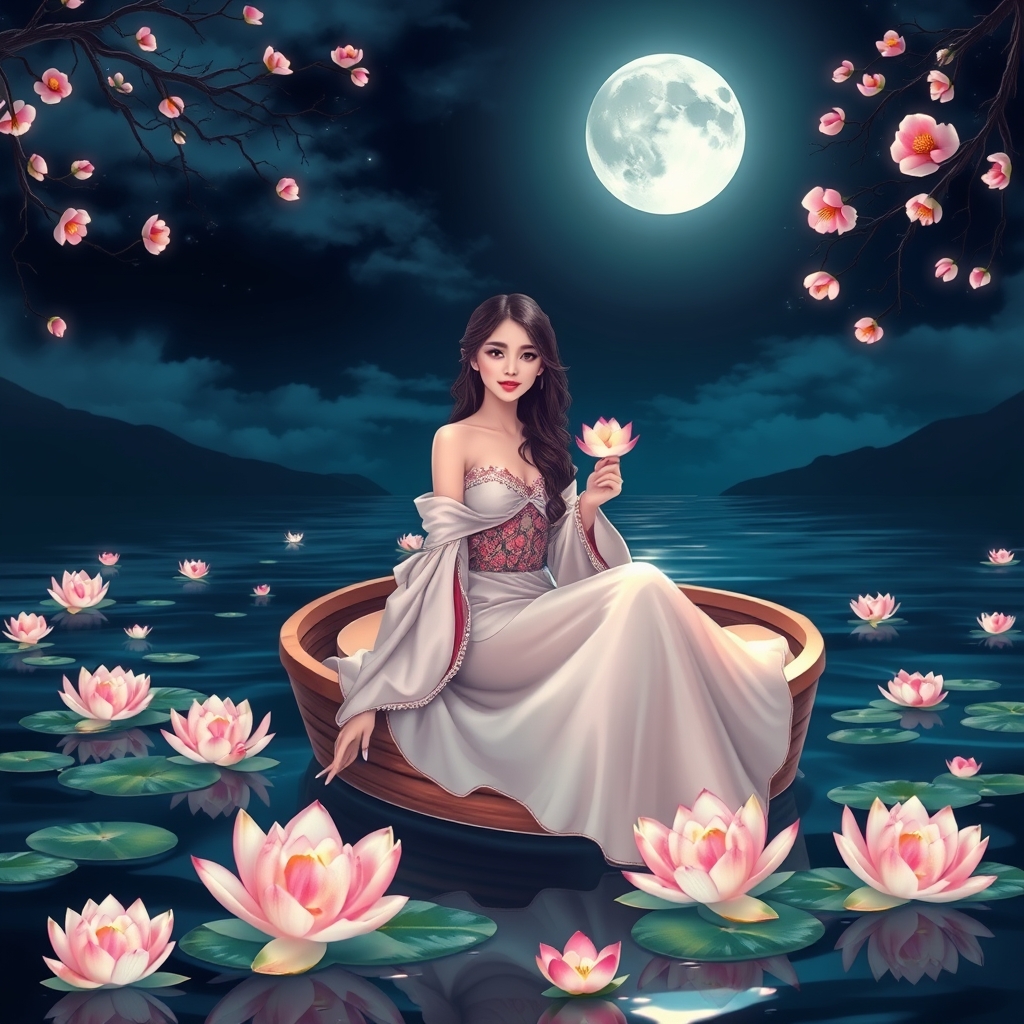 در یک شب اسرار امیز  که ماه میدرخشد روی یک دریا یک قایق رویایی است که در ان زنی بدون شال با چشمانی درشت که لب های هلویی دارد و موهایی بلند و باز و لباس خیلی خوشگل نشسته گل های نیلوفر روی دریا شناورند و زن یکی از گل های نیلوفر را دردست گرفته شاخه های درختان هلو معلوم است4