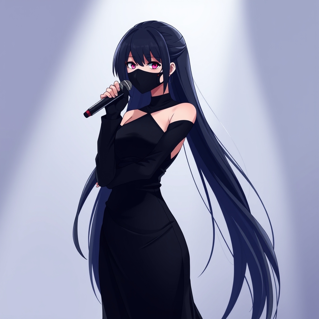 یک دختر خواننده با نقاب و لباسهای مشکی و دستکش های انگشتی و مو های بلند سیاه 20