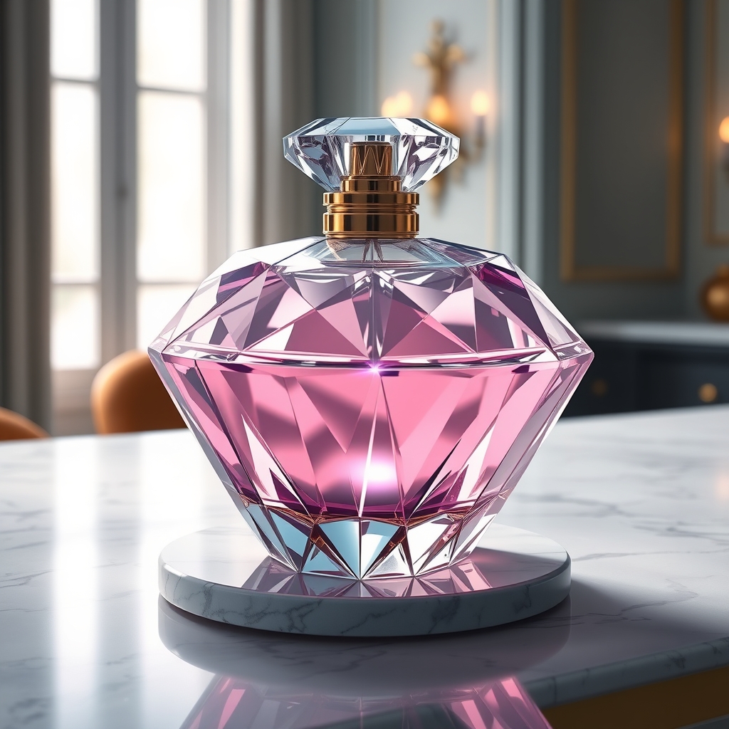 یک شیشه عطر لوکس به شکل الماس، قرارگرفته روی یک پیشخوان مرمر.13