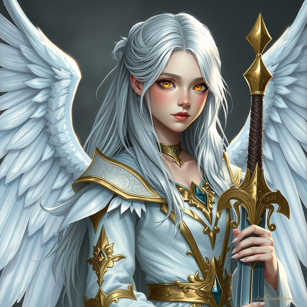 الهه ای جوان و ۱۹ ساله با مو های بلند و نقره ای ، پوست سفید و چشم های طلایی کریستالی ، با پیراهنی سفید و طلایی دو بال سفید که یک شمشیر به دست دارد 19
