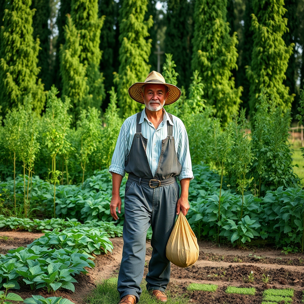 کشاورز‌دست‌به‌بیل‌‌جلوی‌باغ‌ایستاده‌
ودرختان‌سرسبز‌‌پشت‌ش‌هستند3