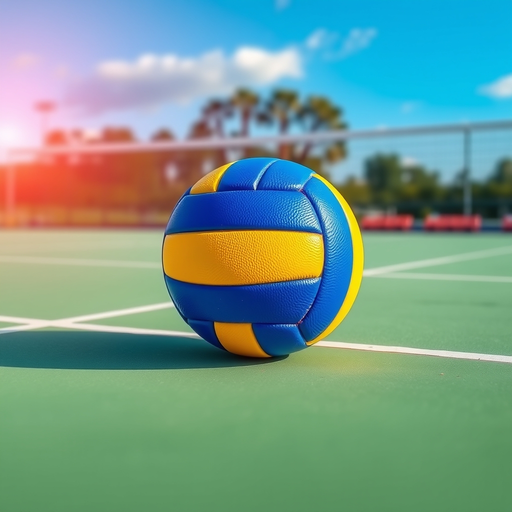 توپ والیبال وسط زمین والیبال که رنگش آبی زرد است5