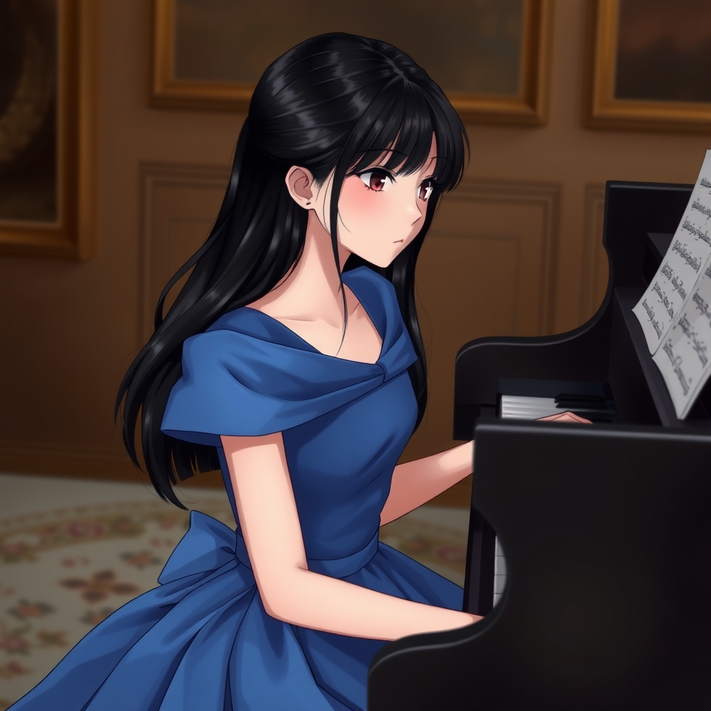 دختری با مو های بلند و سیاه و لباس آبی و مجلسی در حال پیانو زدن2