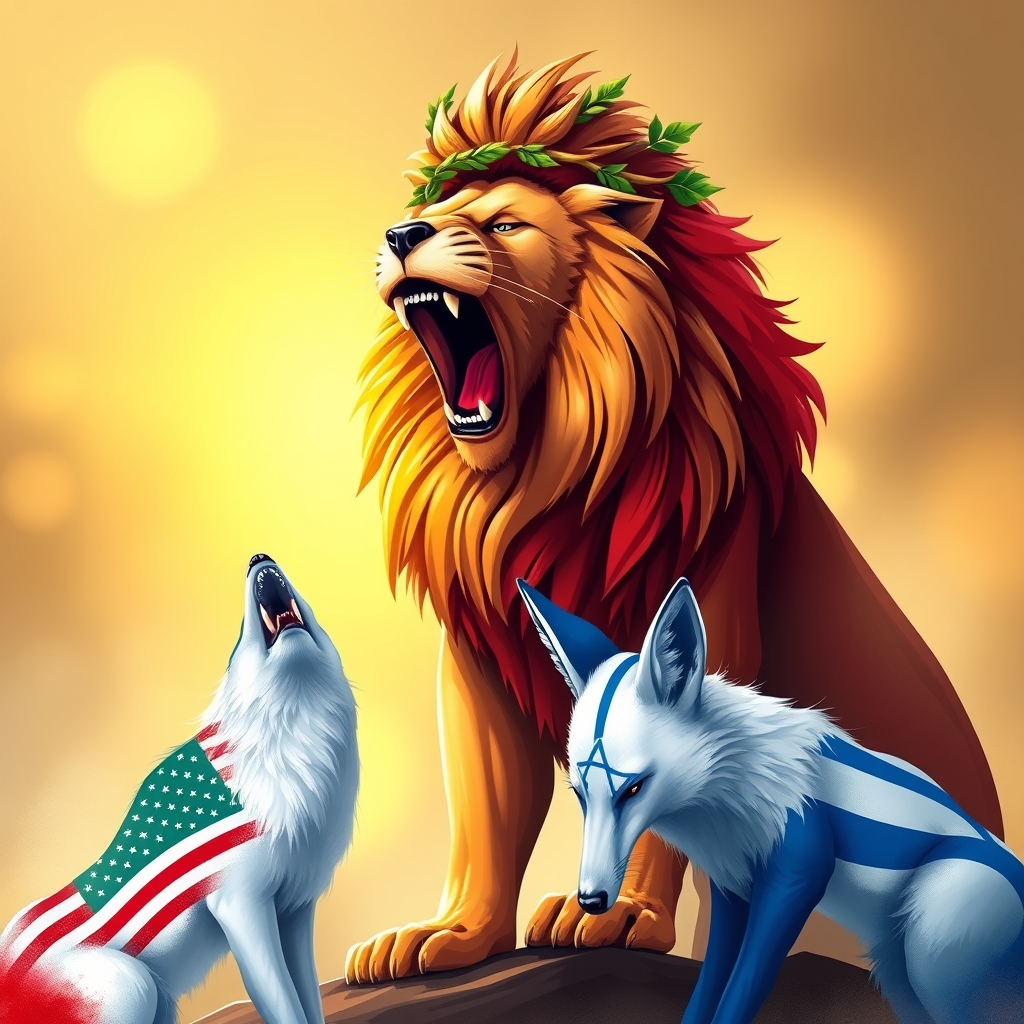 عکس شیری که به رنگ پرچم ایران است و عکس دو روباه که به رنگ پرچمهای کشورهای آمریکا و اسرائیل است
و شیر بر روی آنها غرش میکند5