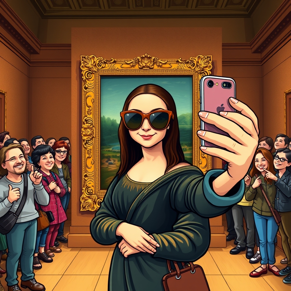 مونالیزا که عینک آفتابی زده و با گوشی هوشمند در موزه لوور سلفی می‌گیرد، جمعیت توریست‌ها در پشت سر، سبک طنز آمیز.5