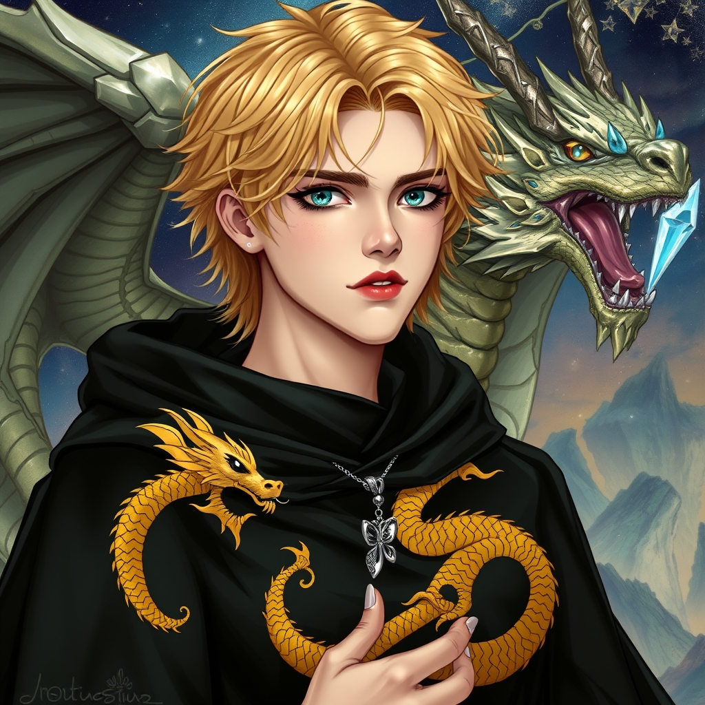 زیباترین مرد جوان  در جهان حتی در رویایی که شکوه خدا را داشته باشد که نظیر آن در دنیا نباشد که همه به ان از شدت زیبایی سجده کنند موهای طلایی رنگ نچندان بلند و نچندان کوتاه و پوست سفید همانندماه، گونه های صورتی و با چم بنده مشکی رنگ و با لبانی سرخ که شنل مشکی رنگی که طرح اژدهای طلایی رویش حکاکی شده باشد بر تن داشته باشد گوشواره  بر روی دستش زیباترین پروانه در جهان حتی در رویایی که شکوه خدا را داشته باشد بر روی دستش و تاجی از طلا بر سر اژدهای کریستالی بزرگ باشکوه هم در کنارش و پشت  جای رویایی 

23