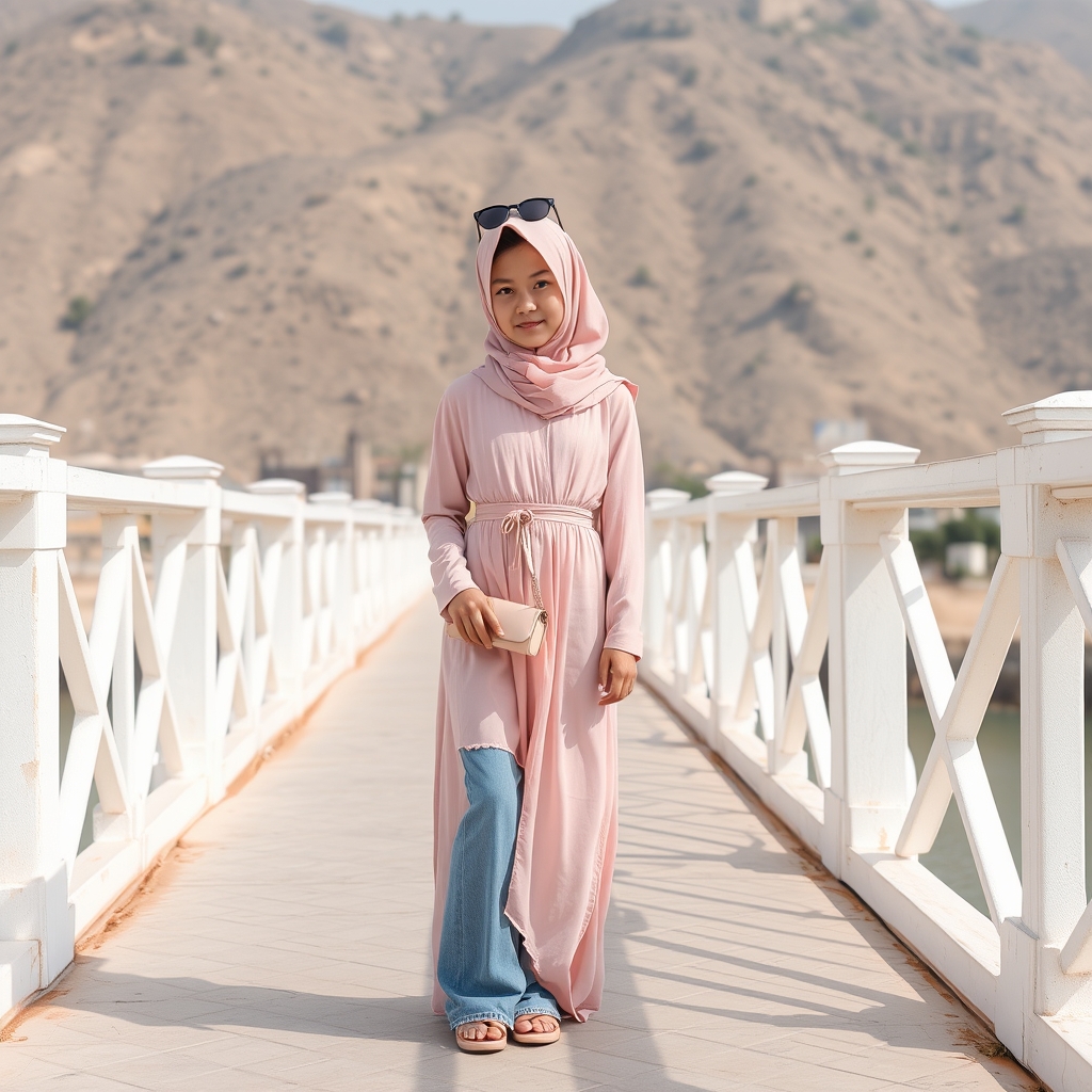 یه دختر خوشگل با مانتو و شال و کیف صورتی خیلی کوتاه و یه شلوار دمپا یه لی و عینک آفتابی روی سرش که روی پل طبیعت هست 
16