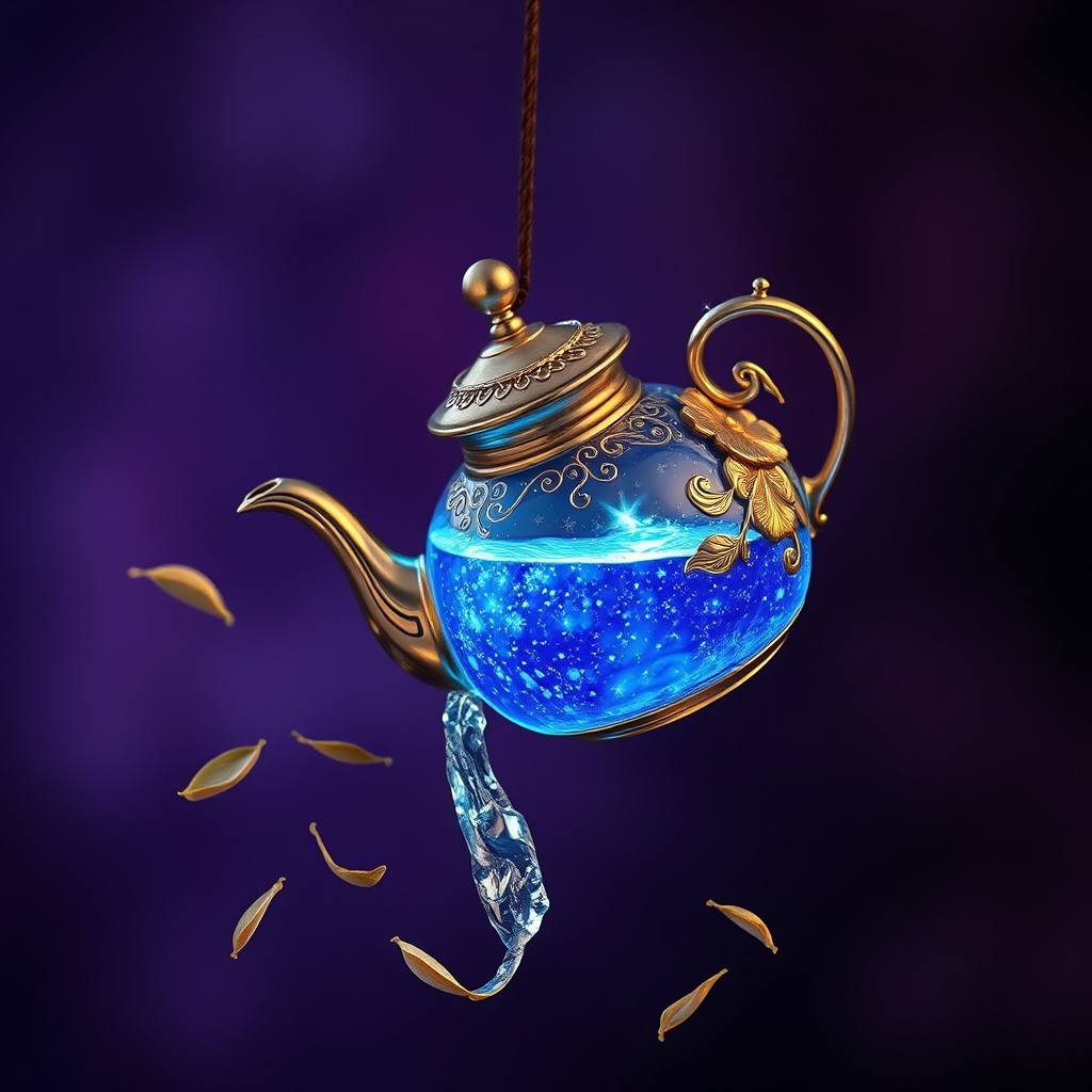 یک قوری جادویی که مایع آبی درخشان میریزد، احاطه شده توسط برگهای شناور چای.14