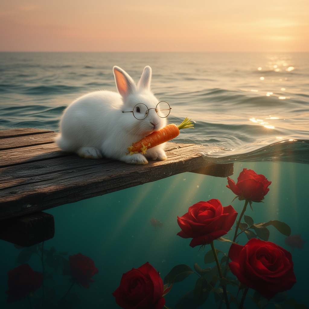 خرگوشی روی یه تخته چوب دراز کشیده و در دریا شناور هست و عینک به چشم زده و یک هویج نیمه خورده در دست دارد و در درون دریا گل های رُز قرمز رشد کرده0