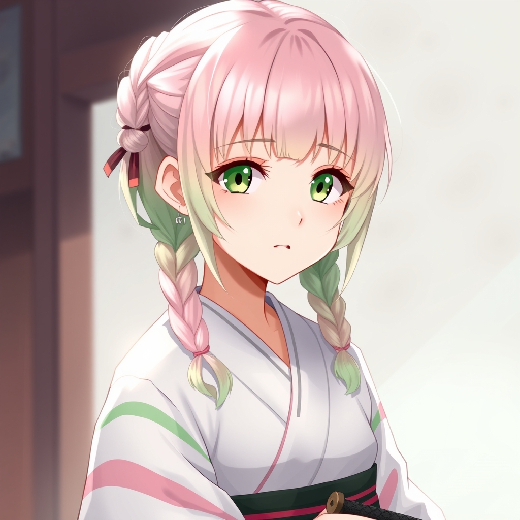 یک دختر قد متوسط با چشمای سبز کمرنگ و موهای صورتی کمرنگ که آخر موهاش سبزه و موهاش رو به صورت دو تا بافتی درست کرده و چتری هم ریخته ، یه کیمینو سفید پوشیده که به رده های سبز و صورتی کمرنگ تزئین شده و یه شمشیر هن دستشه8