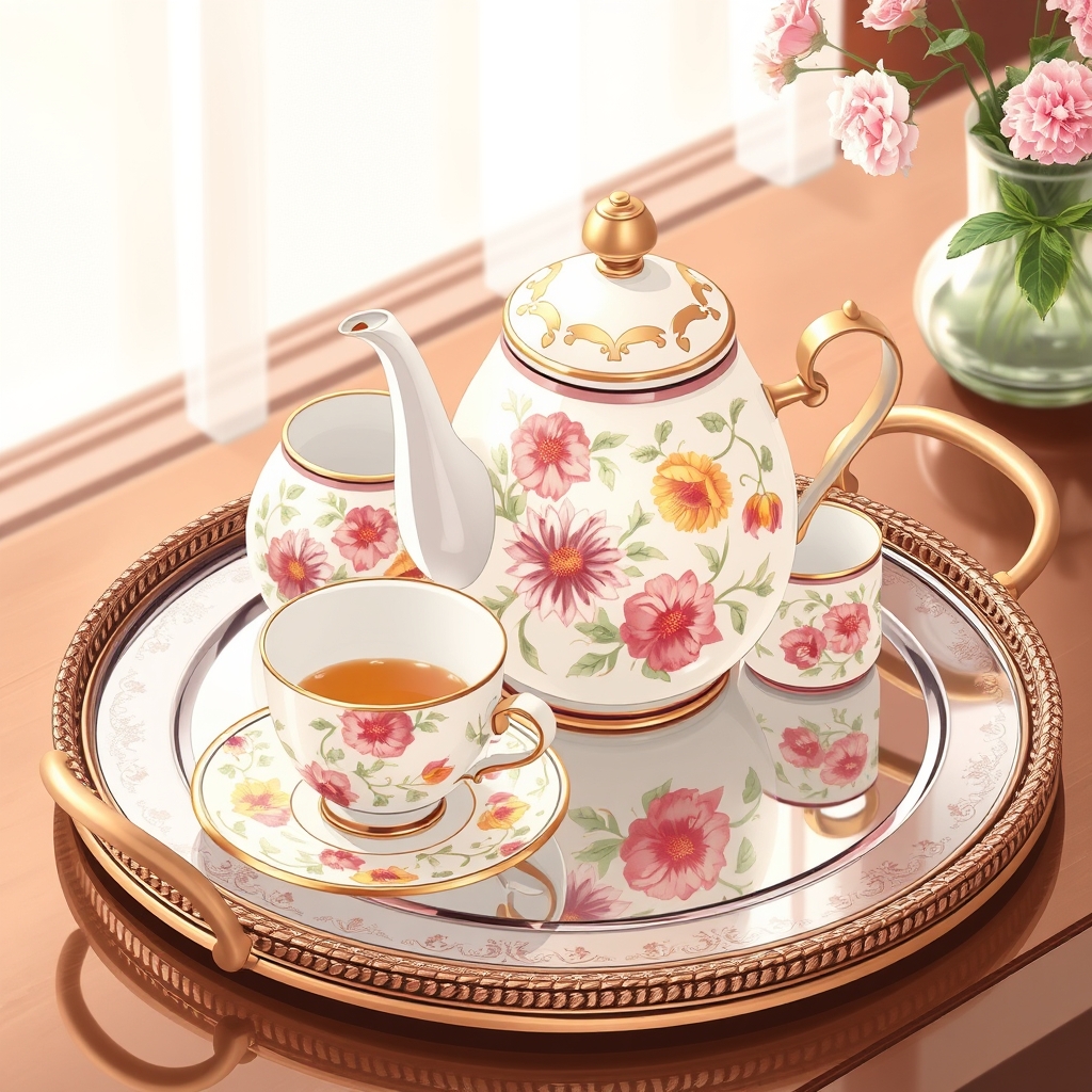 یک سرویس چای با طرحهای گلدار پیچیده، قرارگرفته روی سینی آینهای.0