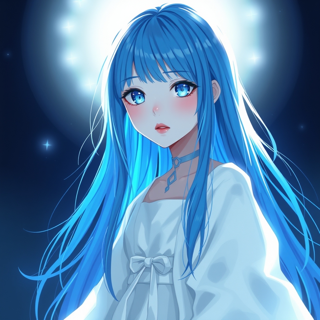 این دختر با موهای آبی و صاف و بلندش،مانند نوری در تاریکی به نظر میرسد. چشمان آبی او،مانند نور های ستاره امیدواری در دل تاریکی میدرخشند و حس آرامش را ایجاد میکنند.پوست روشنش در هماهنگی با دنیای اطرافش است و لبهای سرخ او،جذابیت و زیبایی را به تصویر میکشند.او به نظر میرسد از دنیای دیگری آمده باشد،جایی پر از زیبایی ها.هر قدمش زیبایی را در دلها میکارد.نگاهش نشانههایی از دردی که مخفی میکند دارد.او یک لباس سفید بلند که روی آن روپوش توری آستین دار سفید قرار داده که روی زمین کشیده میشود4