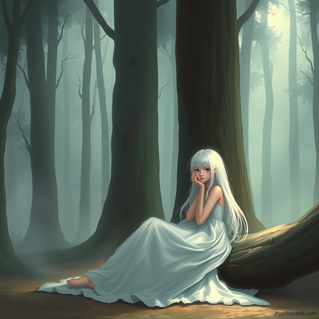 یه دختر با موه های سفید در جنگل نشسته است
4