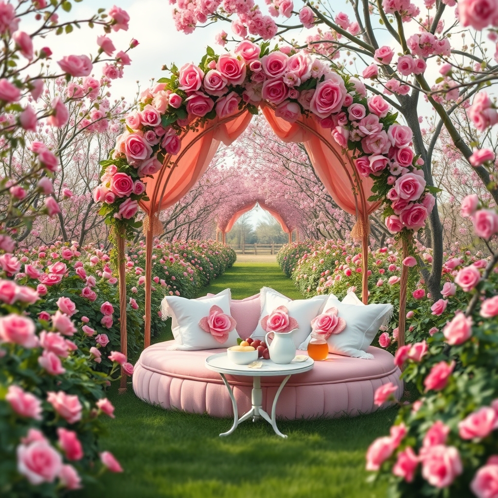 در صبح بهاری باغ گل رز صورتی در احاطه درختان پر شکوفه زیر تونل درست شده از گل های سرخ یک خیمه توری گل بهی سفید و صورتی با تخت گرد صورتی با کوسن های سفید پر از گل های رز صورتی و میز کوچک سفید با نان کره خامه عسل میوه شیر



4