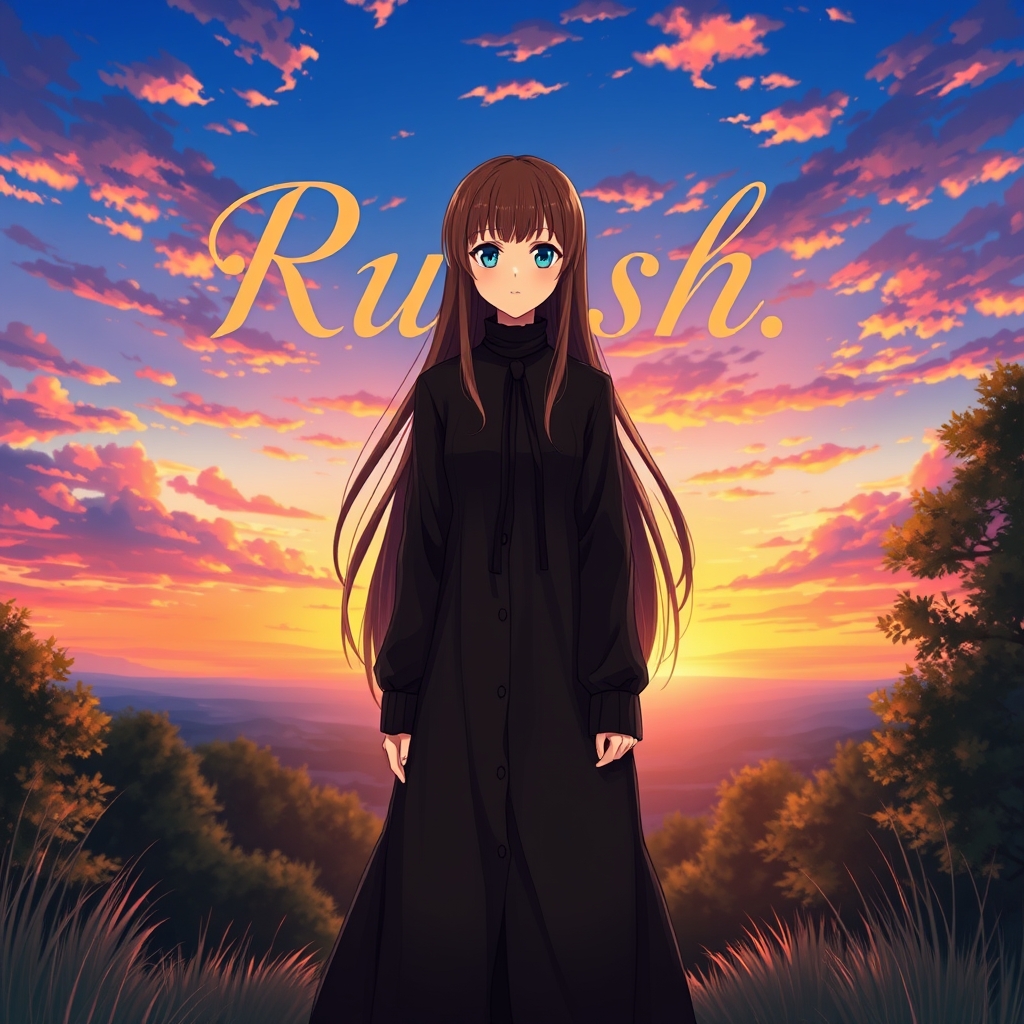 دختری زیبا با مو های بلند و قهوه ای و یک کت سیاه و یک کراوات سیاه با چشم های ابی دارد و درغروب آفتاب در طبیعت ایستاده و پشتش در اسمان به اینگلیسی نوشته روشا17