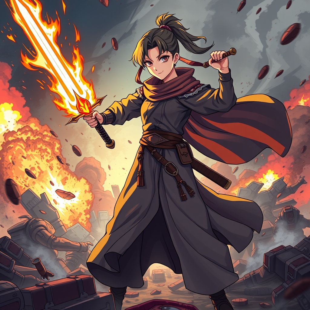 یک دختر جنگجو در میدان جنگ است و یک شمشیر آتشین در دست ان است و دارد بقیه را می کسد12