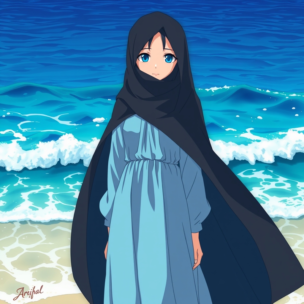 دختر با حجاب چادری موهاش بیرون نباشه پس زمینه دریا با لباس ابی آسمونی 3