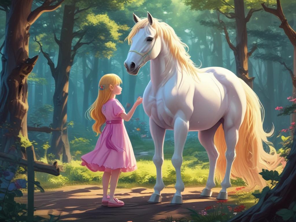 یک اسب سفید با یال های بلند و طلایی که میدرخشد در جنگل کنار یک دختر بچه با لباس صورتی 5