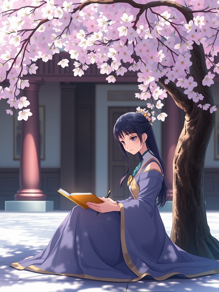 یک شاعر دختری که لباس سلطنتی دارد در حیاط قصر نشسته زیر درختی پرشکوفه، در حال نوشتن در دفترچه‌ای طلایی.10