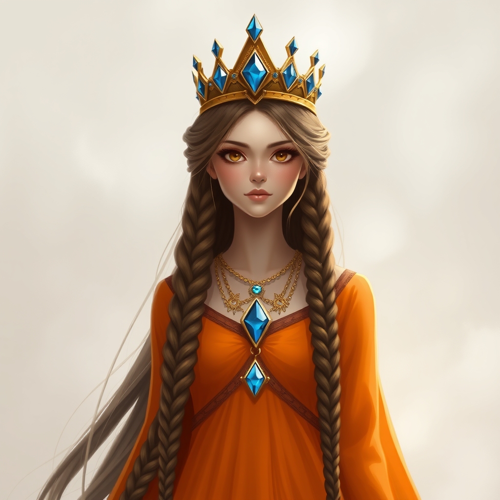یک دختر زیبا با موهای قهوی بلند بافته شده و یک لباس بلند نارنجی و یک تاج طلای با الماس های ابی و یک گردنبند با الماس های ابی1