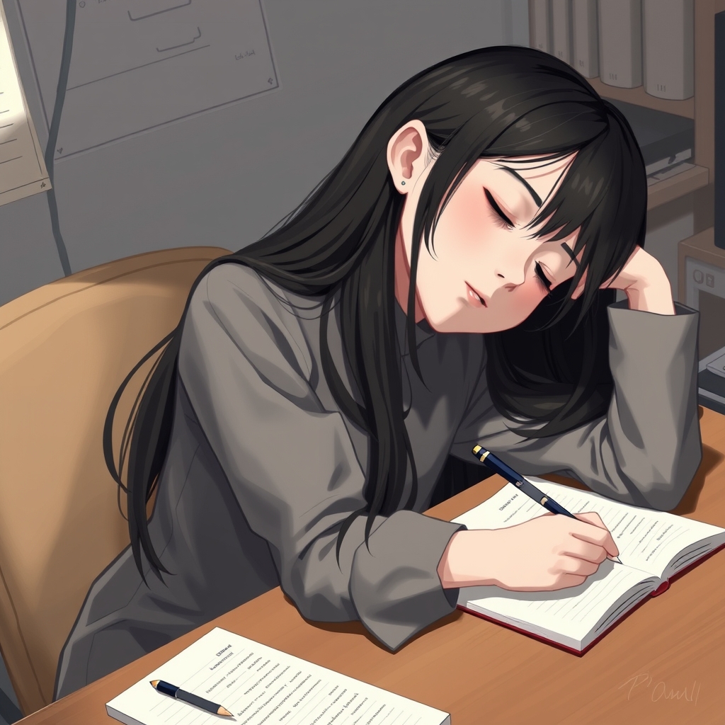 یه دختر با موهای بلند سیاه روی میز تحریر خوابش برده5