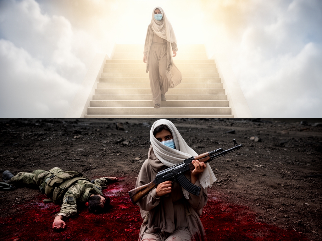 تصویر زن کم حجابی که روسری خود را بر روی تفنگ کلاشینکف گذاشته و به بالا گرفته است در گوشه پایین صفحه مردی بر روی زمین با لباس های جنگی افتاده و از خونش زمین خاکی قرمز شده است.در بالای صفحه زن با چادر و مقنعه و شلوار بلند از پله های بهشت بالا می رود با سبک واقع گرایانه.2
