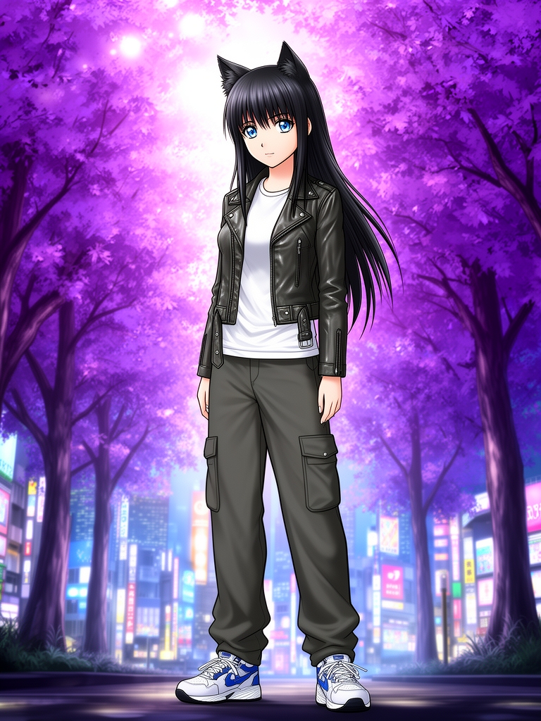 دختری در توکیو در کنار درختان بنفش
ب موهای ولف کات مشکی بلند
چشمانی به رنگ آبی کریستالی
قدی نسبتا بلند
استایل تامبوی 1