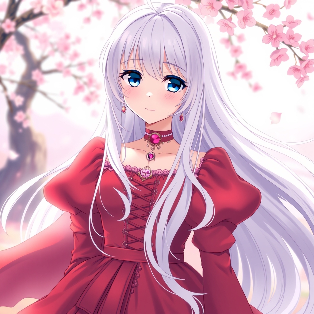 دختری زیبا با موهای سفید بلند با چشمان آبی با لباس پرنسسی رنگ قرمز
1