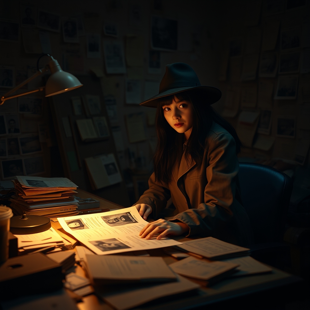 عکس یک اتاق پر از پرونده های جنایی که پرونده ها به دیوار چسبیده اند و روی میز پرونده قتل است و تنهای چراغ مطالعه با نور زدر روشن است و یک دختر کاراگاه با موهای مشکی و لباس بارانی و کلاه پشت میز نشسته و مشغول حل پرونده است 1