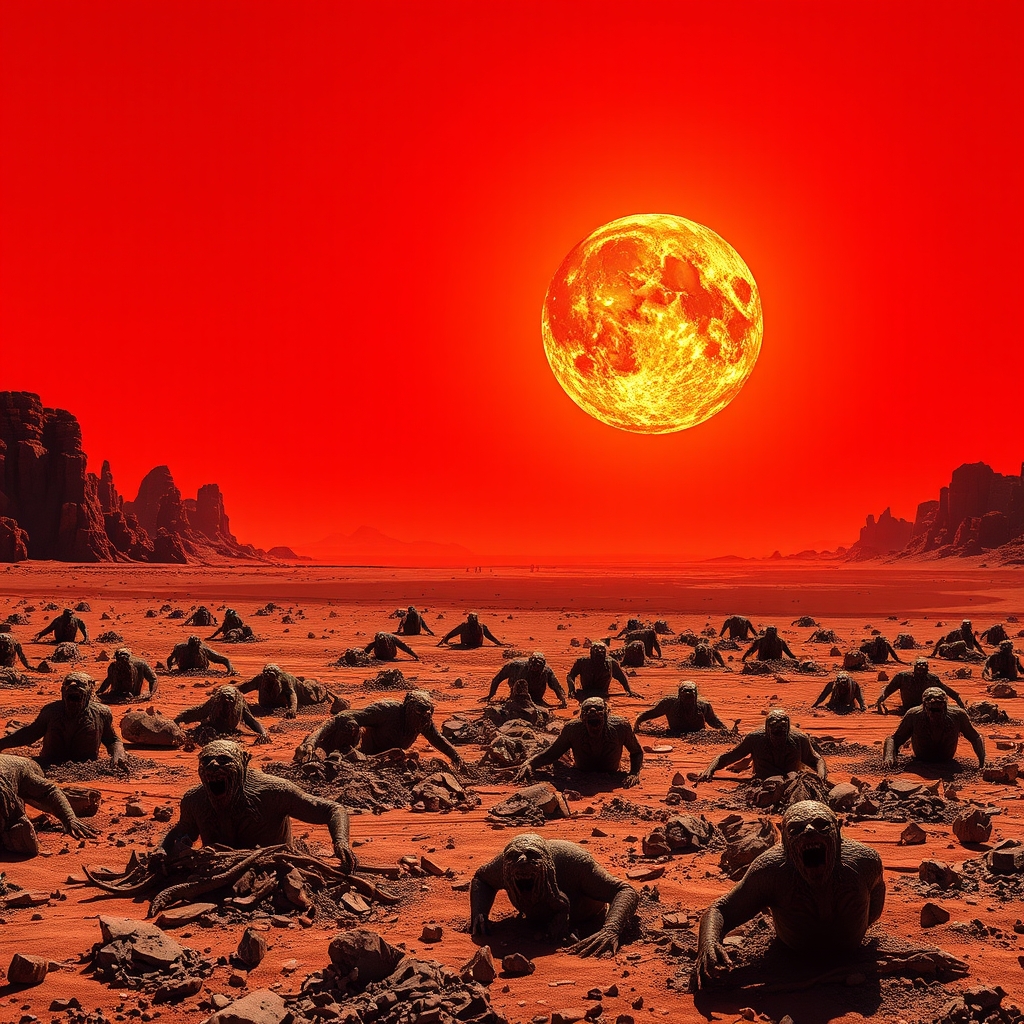 زمین مسطح واسمانی قرمز و و کوه های که درهم کوبیده شدن ومانند خاک رس در آمدن خورشید که از داغی زیاد ذب شده و مو جوداتی که با حالت پریشان در خود میپیچند20