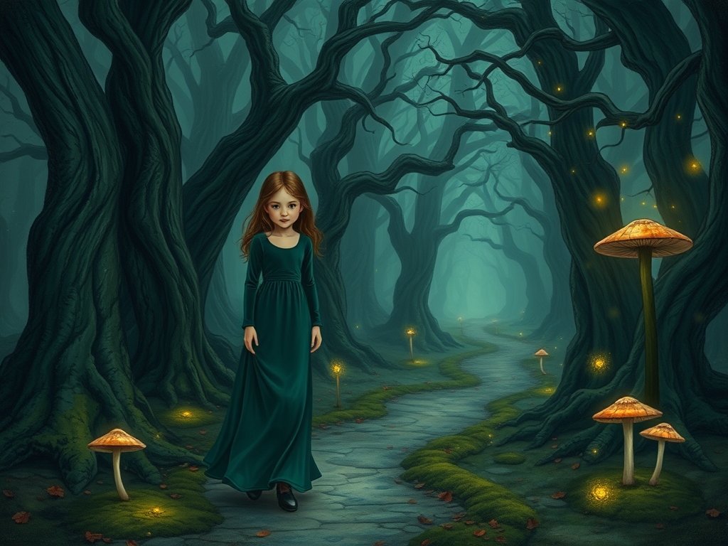 A girl walking in a dark forest.14