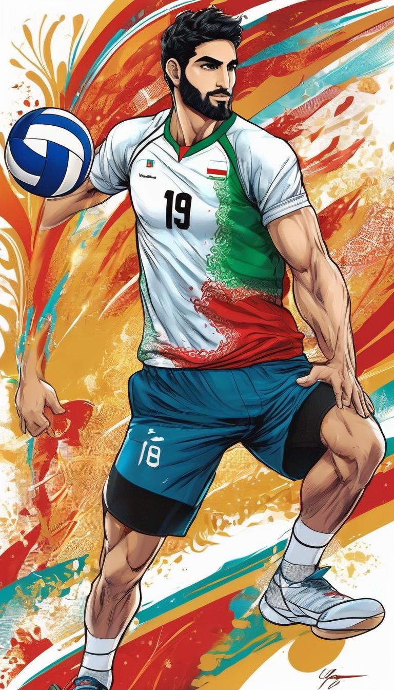 والیبالیست که لباس تیم ملی ایران را به تن دارد وچهره ی امیر غفور دارد و بدن حیلی و ورزشکاری دارد و در حال آبشار زدن هست15